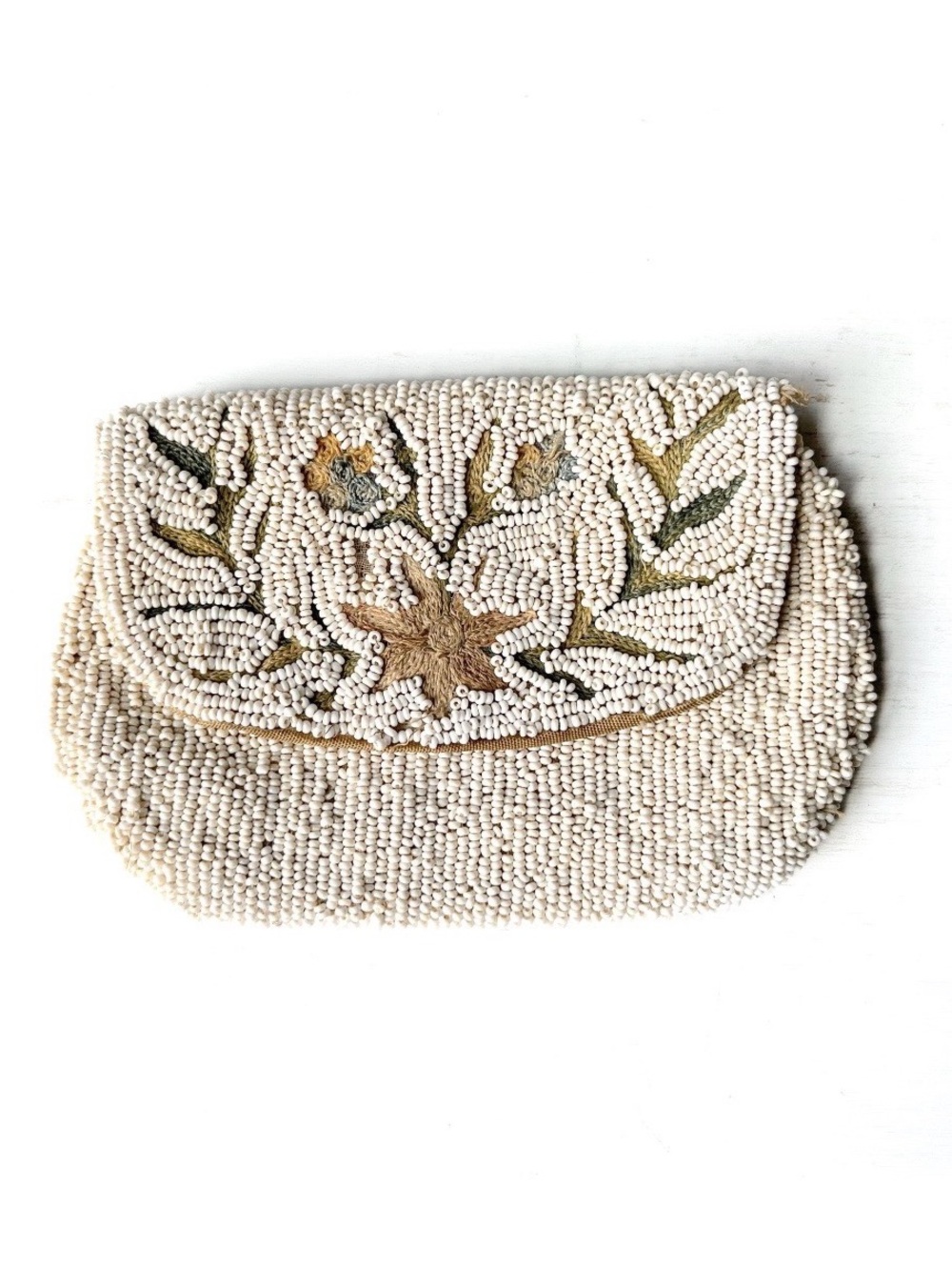 Antique White Beaded Clutch Floral Embroidery Small
